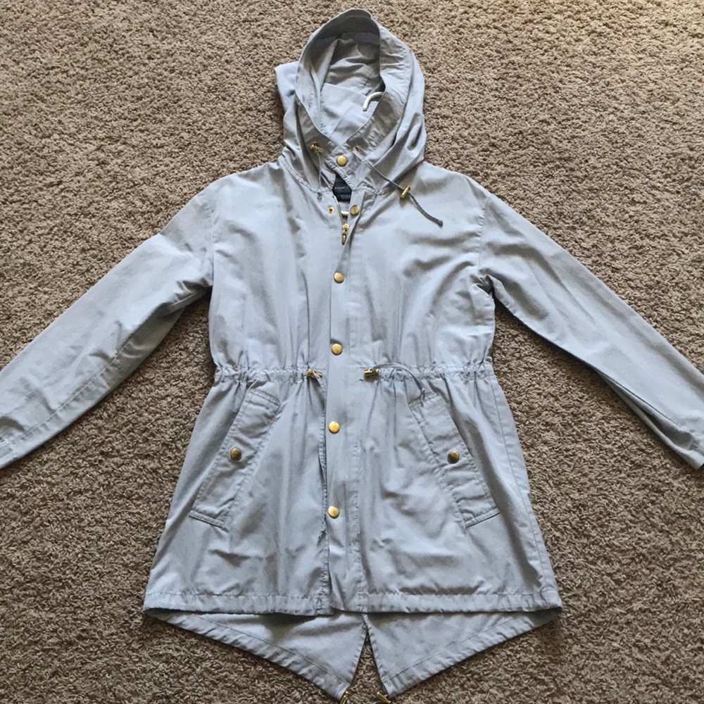 Gray button up jacket. Great for fall time.